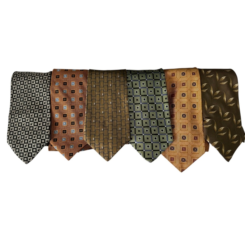 Mens Necktie Bundle Lot 6pc Gold Green Brown Geometric Leaf Professional Ties